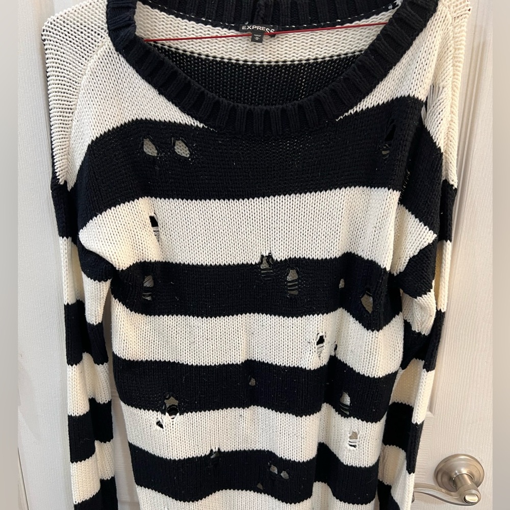 Express Black and White Crew Neck Striped Sweater